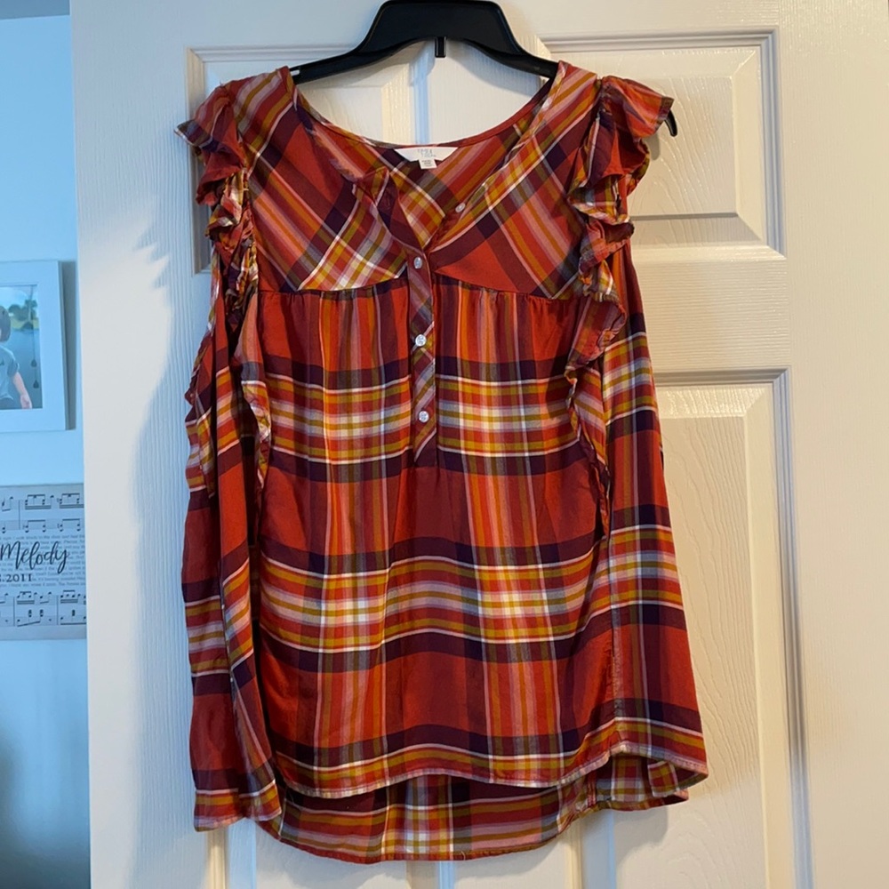 Orange plaid blouse with ruffle sleeves
